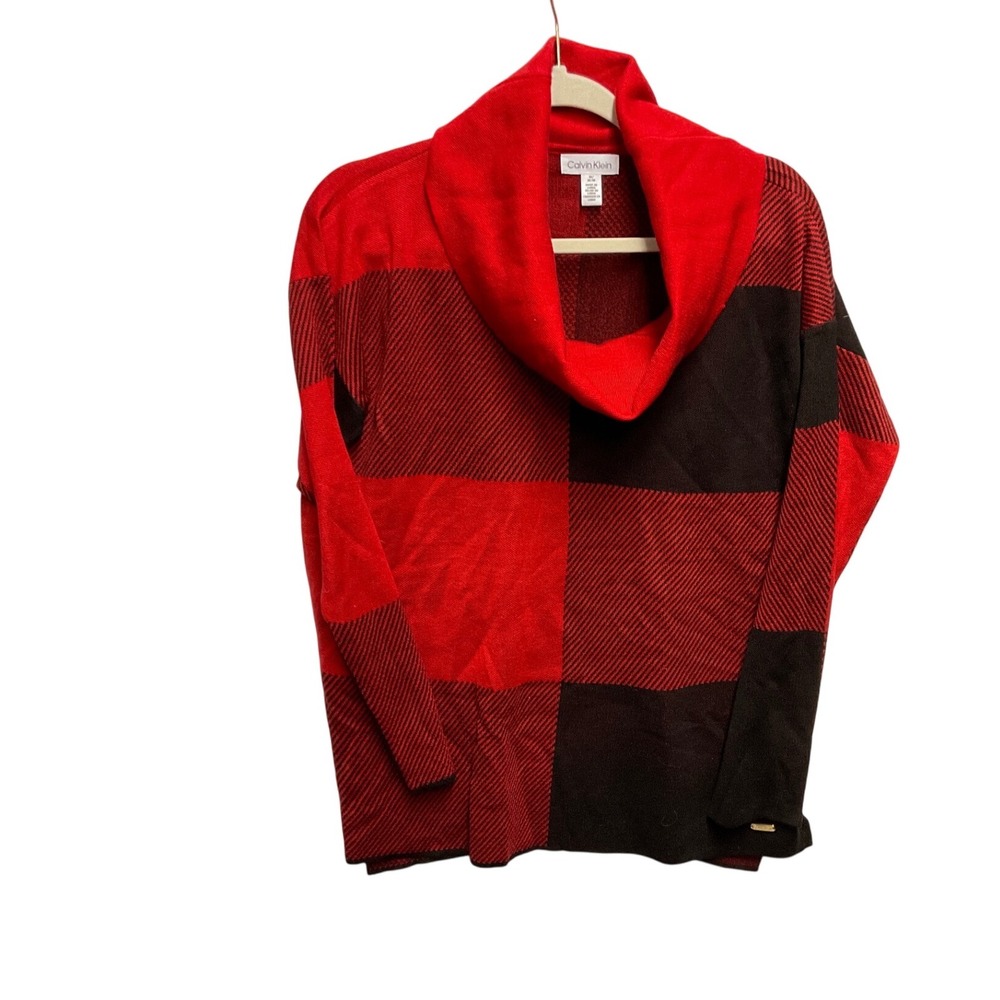 Calvin Klein Women Sweater Red Black Buffalo Plaid Cowl Neck M